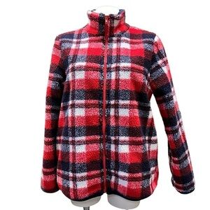 Entro Large Plaid Teddy Fleece Jacket Red Blue New